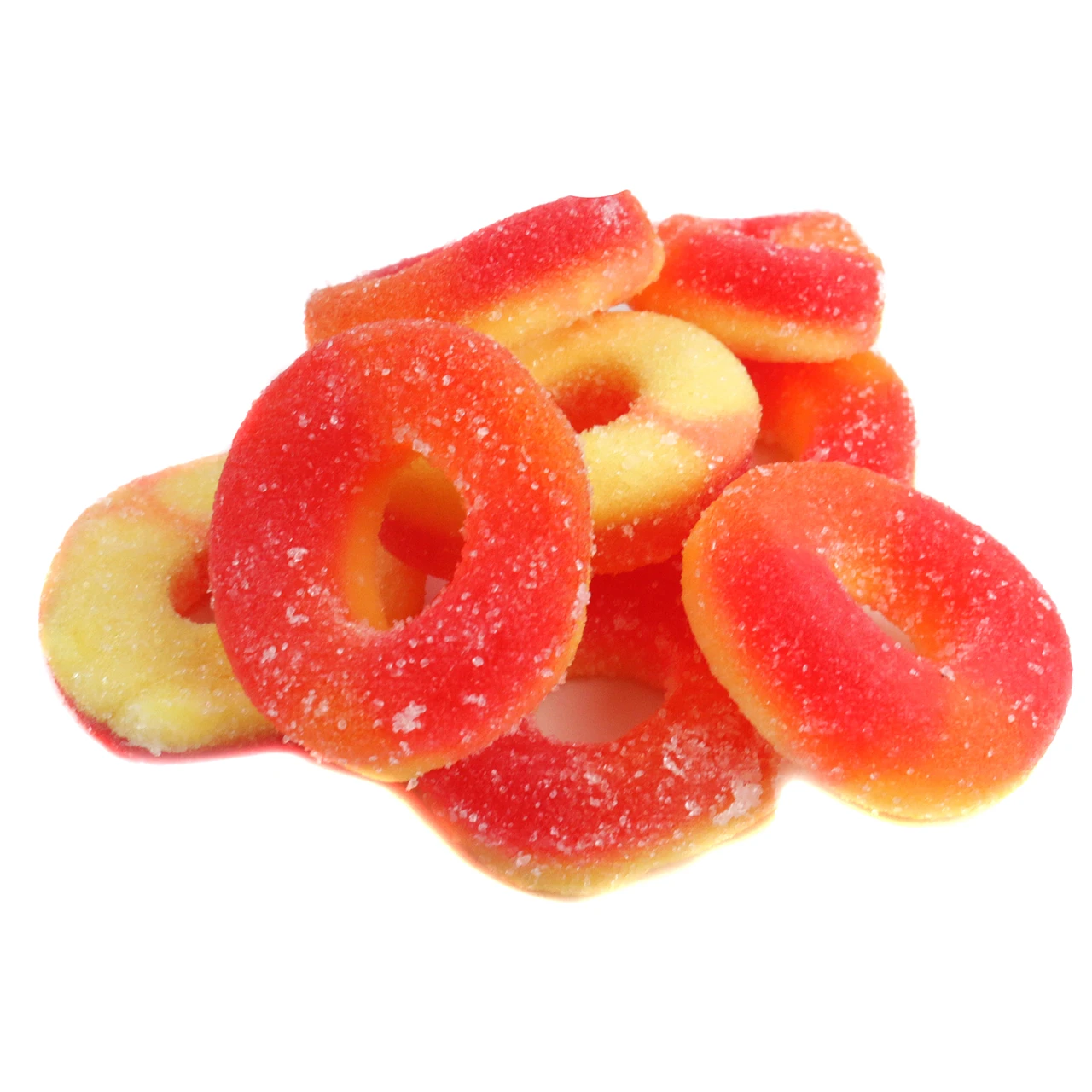 Trolli Peach Rings, chewy gummy candy, peach flavored, dusted with white sanding sugar, approx 64 rings per pound.