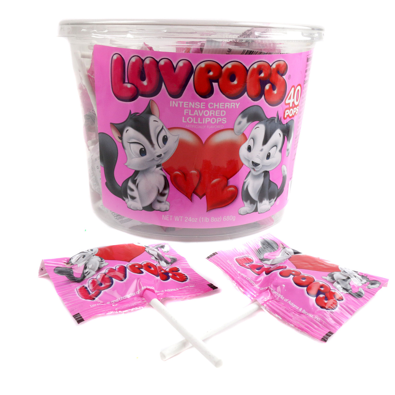 Red heart-shaped Luv Pops, 40 cherry-flavored lollipops, individually wrapped for Valentine's Day.