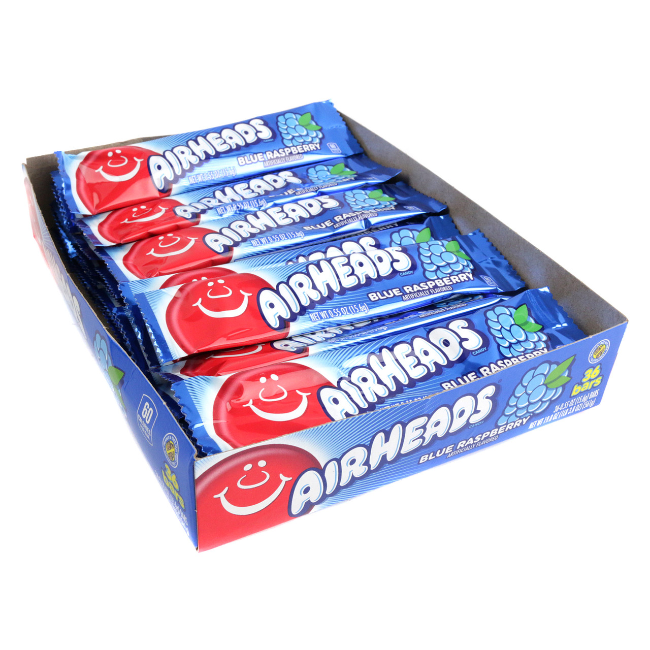 36 Airheads Blue Raspberry candy. Chewy blue raspberry flavor, dazzling blue wrappers. Gluten-free, vegan treat.
