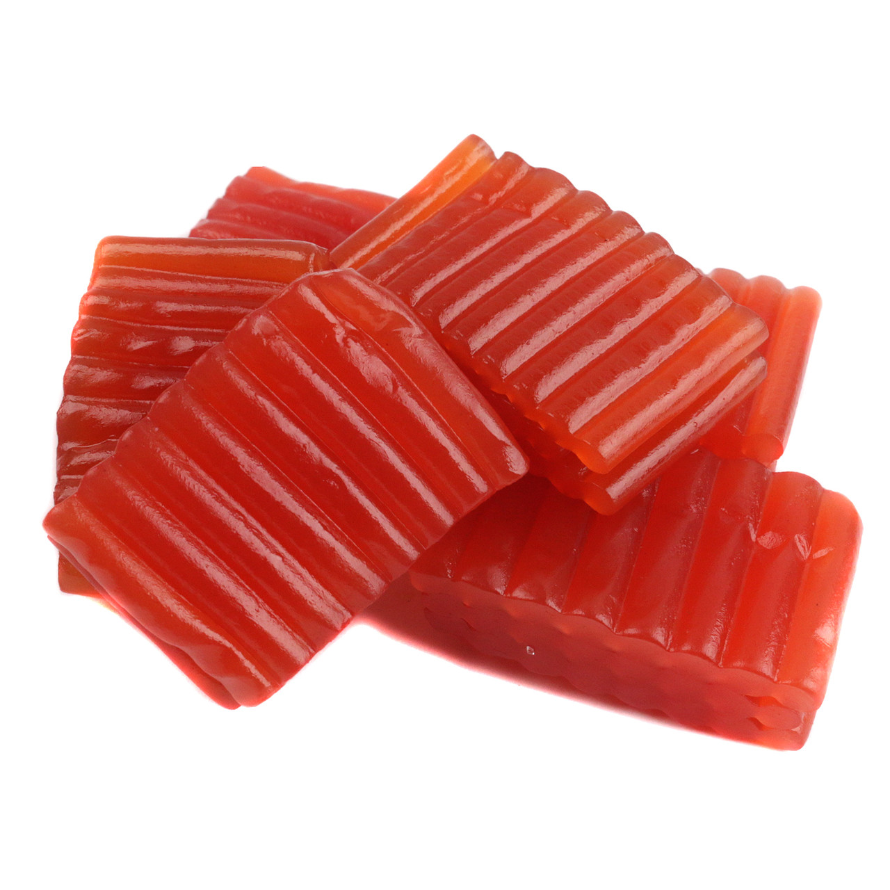 Bright red Licorice Tire Tracks candy, soft, chewy, sweet strawberry flavor, imported from Finland.