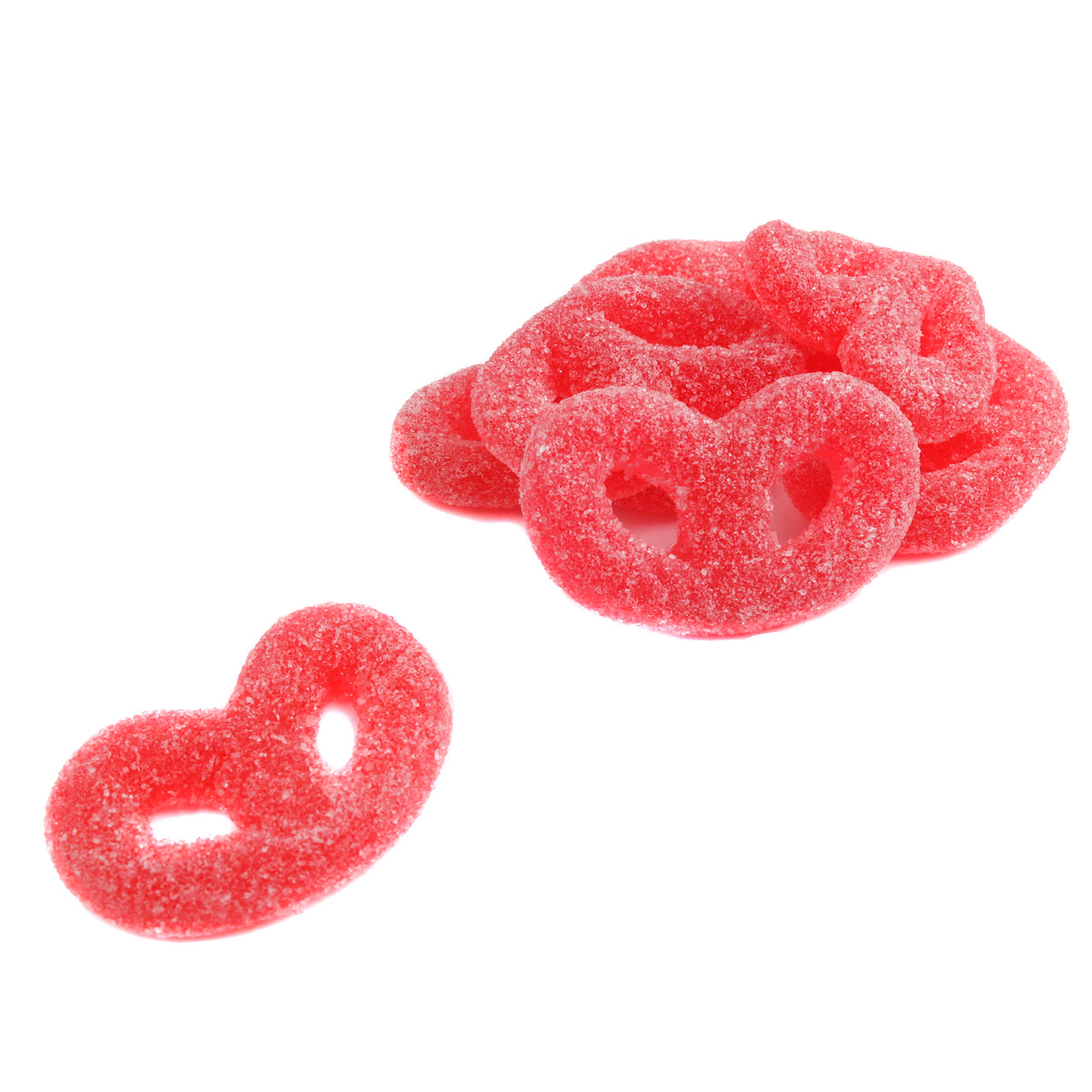 Vibrant pink Red Raspberry Jelly Pretzels, soft chewy candy, approx. 45 pieces per pound, dusted cane sugar.