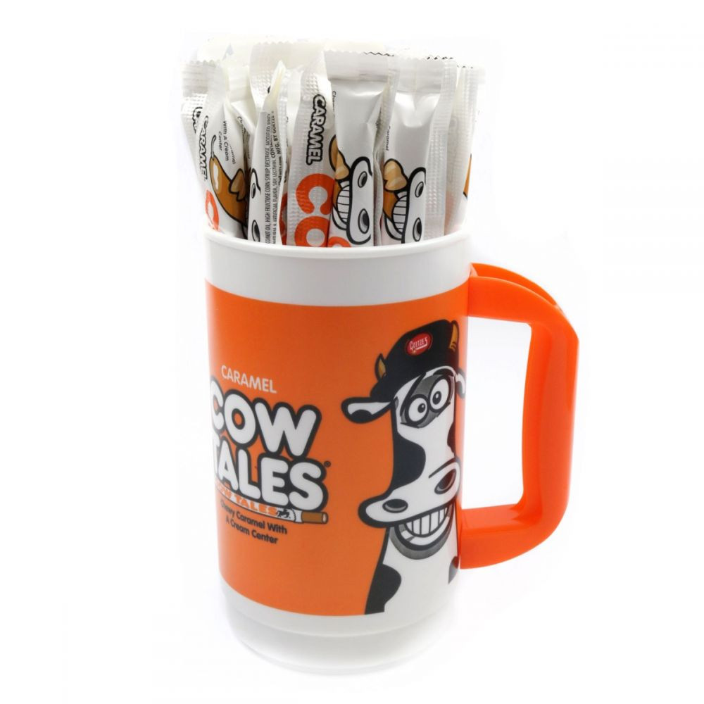 Orange Goetze's Vanilla Cow Tales, 100 chewy caramel cream candies with tumbler.
