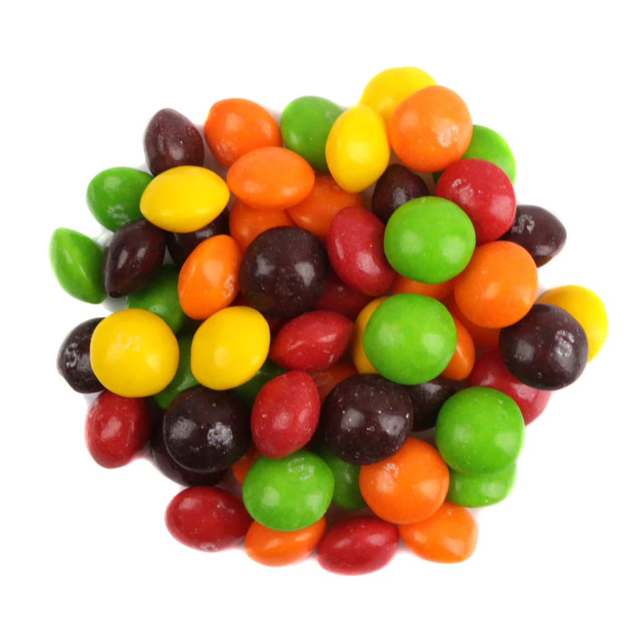 Colorful rainbow Skittles candy, crunchy shell, chewy fruity center, approximately 440 vegan Skittles per pound.
