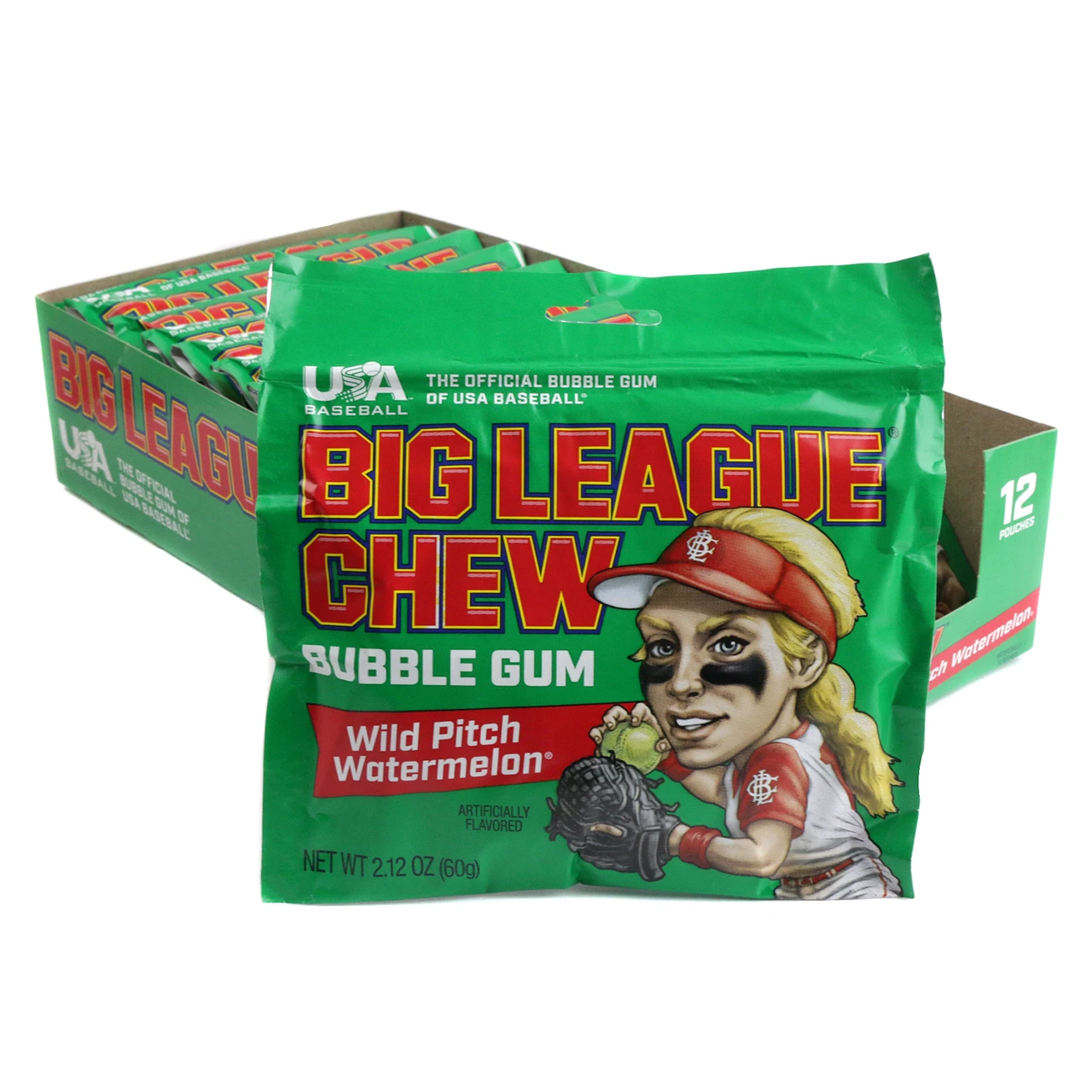 Big League Chew Wild Pitch Watermelon shredded bubble gum pouch, classic baseball chewing gum, red and green.