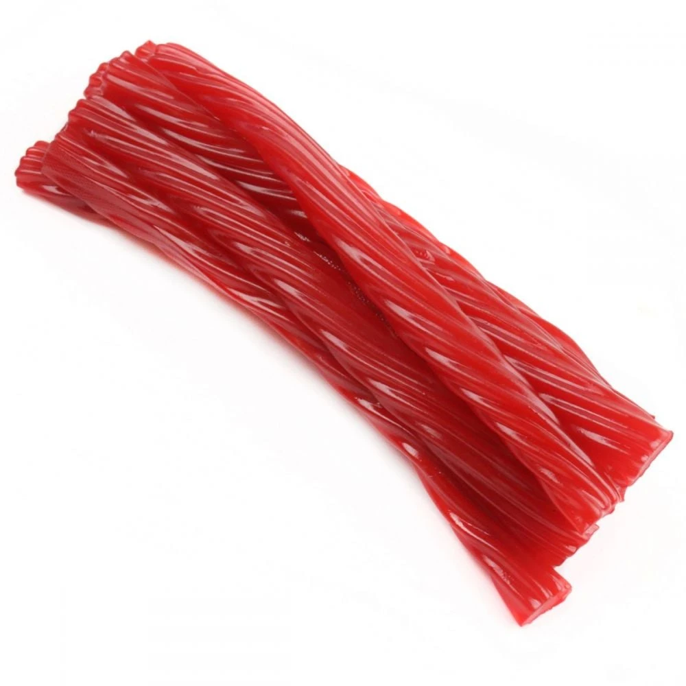 Reddish-brown Kenny's Jumbo Cinnamon Licorice Twists, about 22 per pound. Sweet, spicy USA candy.