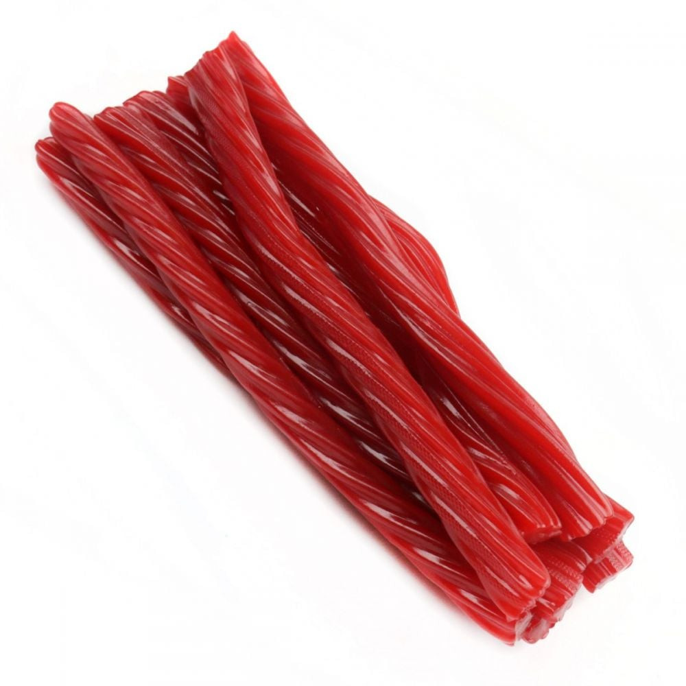Kenny's Jumbo Strawberry Licorice Twists, bright red, approx. 22 twists per pound, USA made candy.