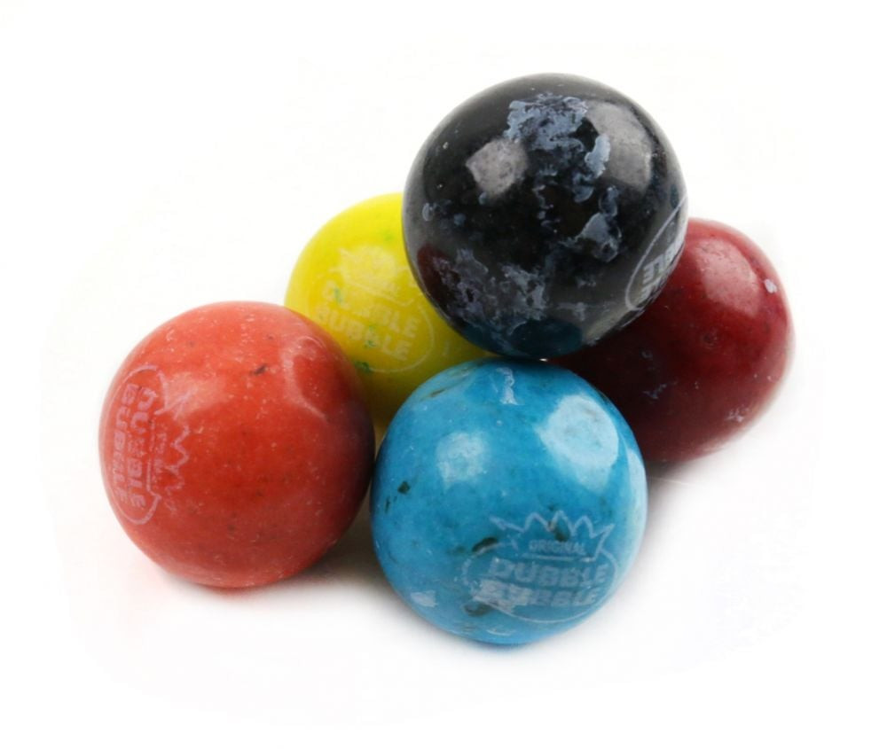 Dubble Bubble Berry Blast Gumballs, speckled, tie-dye, assorted berry colors, 1-inch, approx 50 pieces per pound.