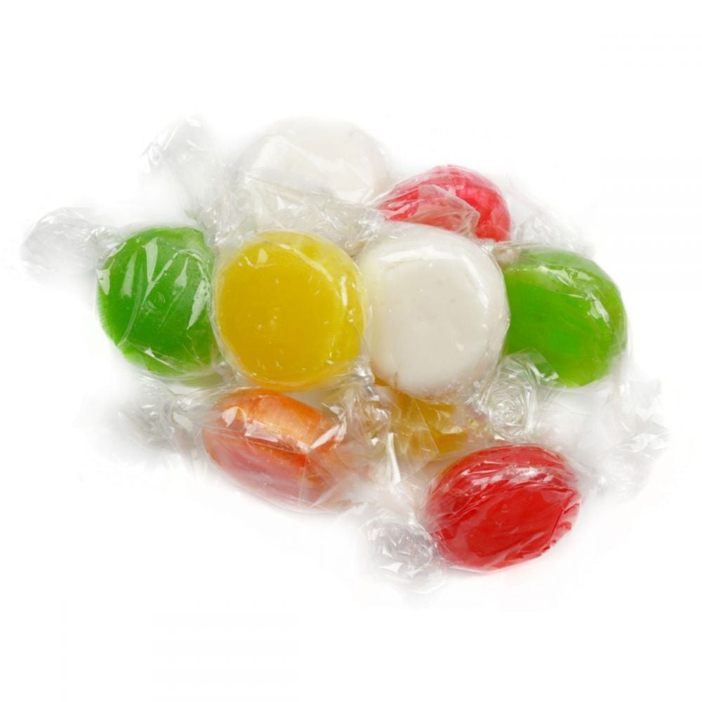Vibrant tropical fruit mix hard candy, individually wrapped, in strawberry, mango, pineapple, watermelon colors. Approx 90 pieces.