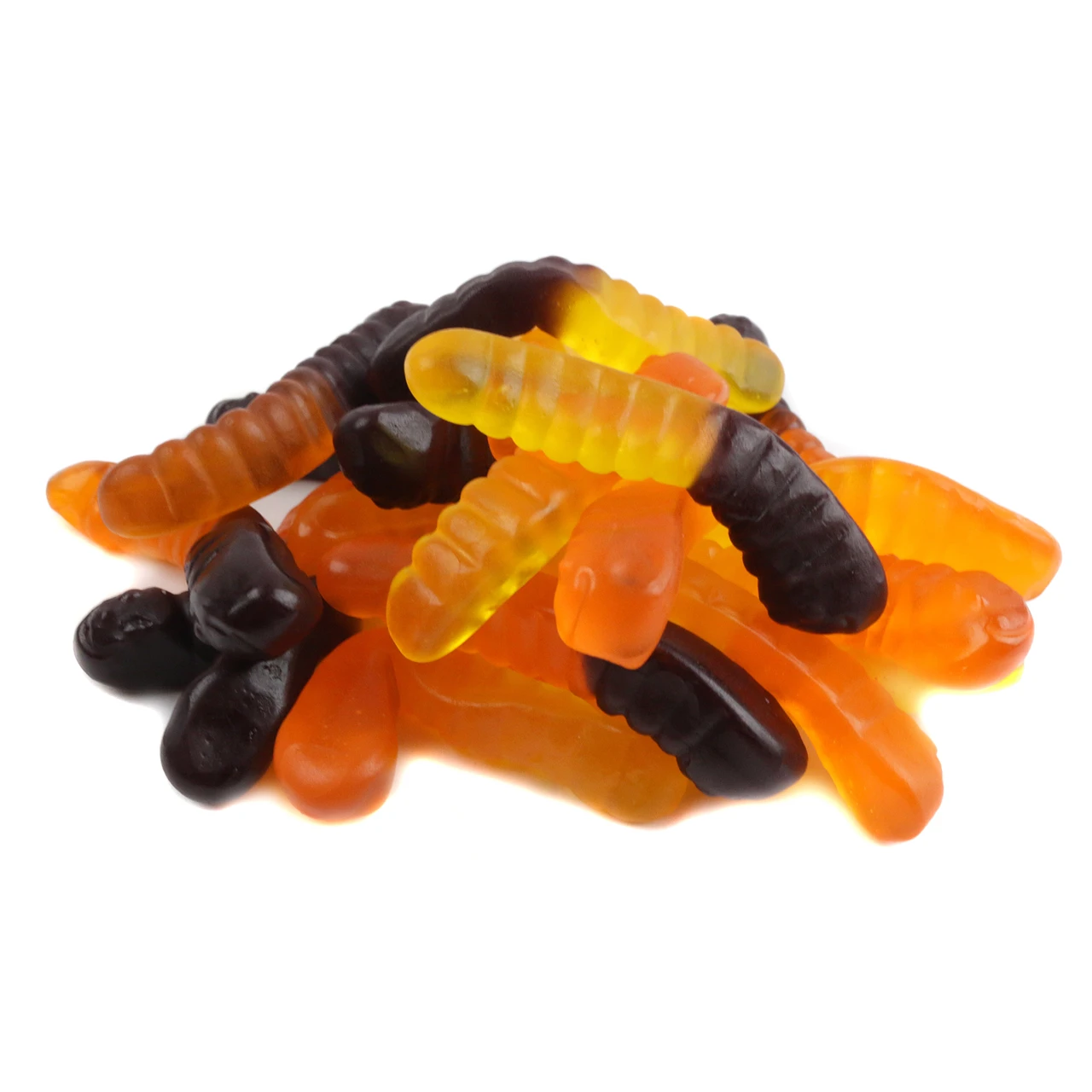 Albanese Halloween Gummy Worms. Orange, yellow, black colors. Lemon, black cherry flavors. Approx 115 worms per pound.