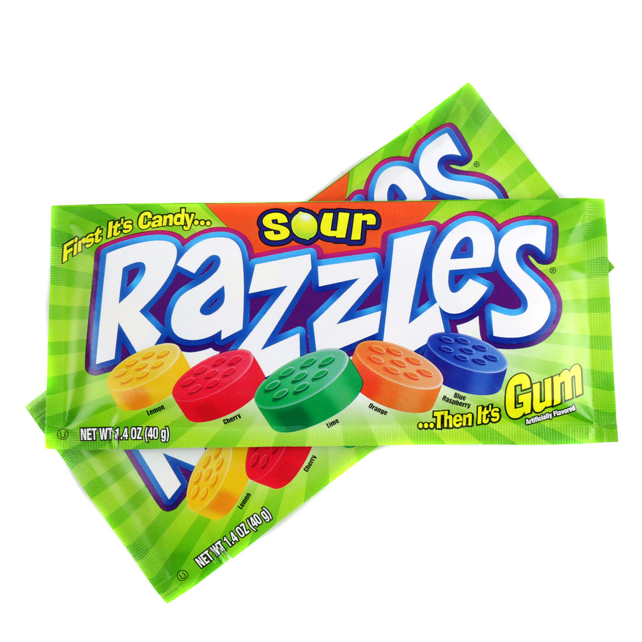 24 colorful Razzles Sour candy packs. Fruity, tart, first candy then gum. Nostalgic treat.