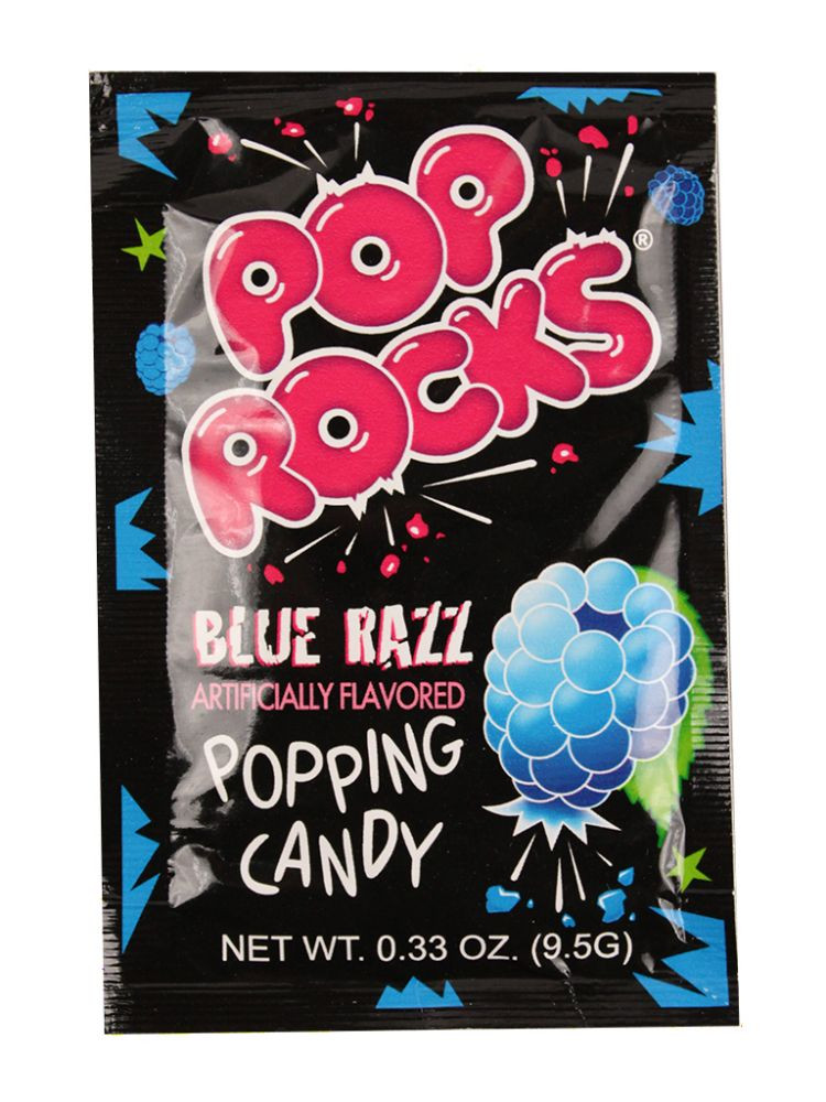 Pop Rocks Blue Razz 24 pack, vibrant blue popping candy, classic raspberry flavor.