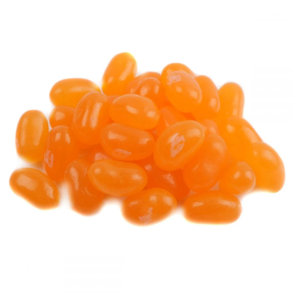 Bright orange Jelly Belly Sunkist Tangerine jelly beans, 400 pieces per pound, real tangerine flavor, tangy citrus.