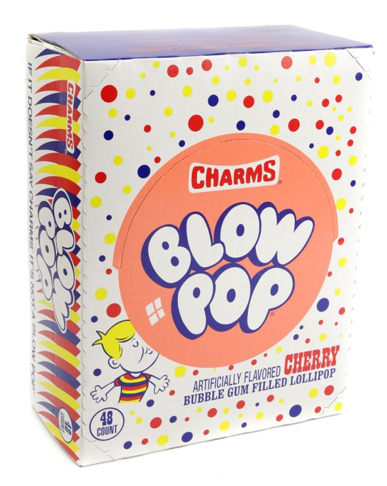 48 red Cherry Blow Pops lollipops with tangy cherry candy exterior and pink bubblegum centers, individually wrapped.