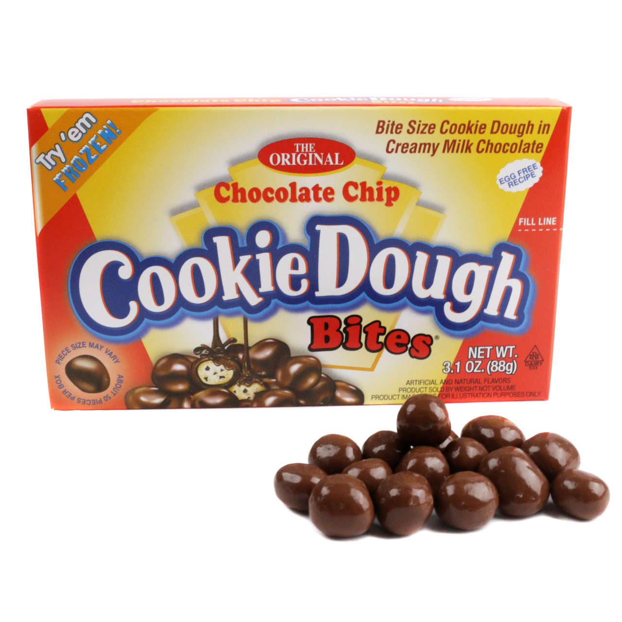 12 packs of chocolate chip Cookie Dough Bites, milk chocolate covered, with visible cookie dough texture.