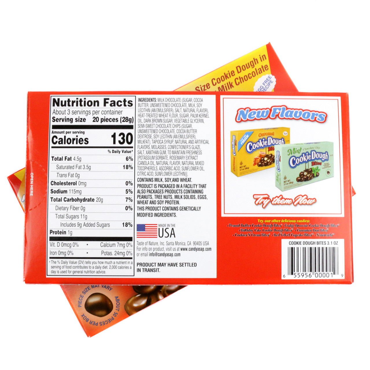 Case of 12 Cookie Dough Bites Chocolate Chip packs. Milk chocolate coated, brown and tan candy with visible dark chips.