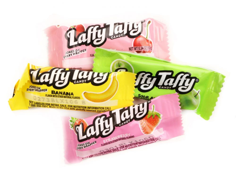 145 assorted Laffy Taffy pieces, individually wrapped. Cherry red, sour apple green, banana yellow, strawberry pink.