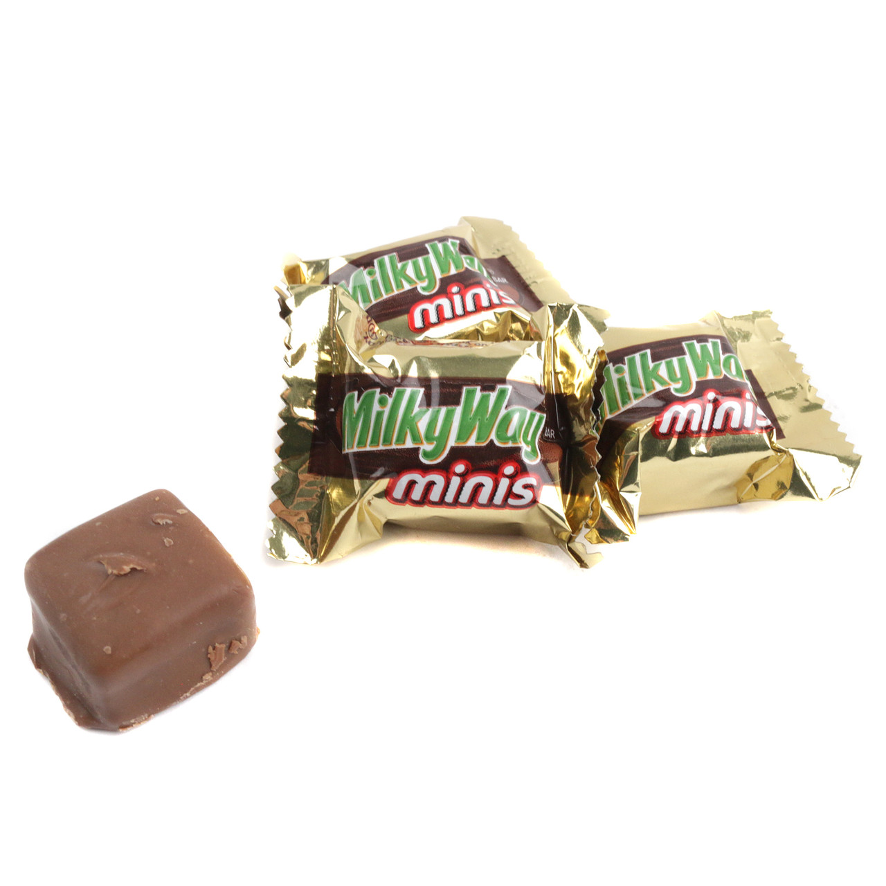 Pile of Milky Way Minis, rich brown milk chocolate, creamy golden caramel, smooth white nougat. Bite-sized, approx 54 per pound.