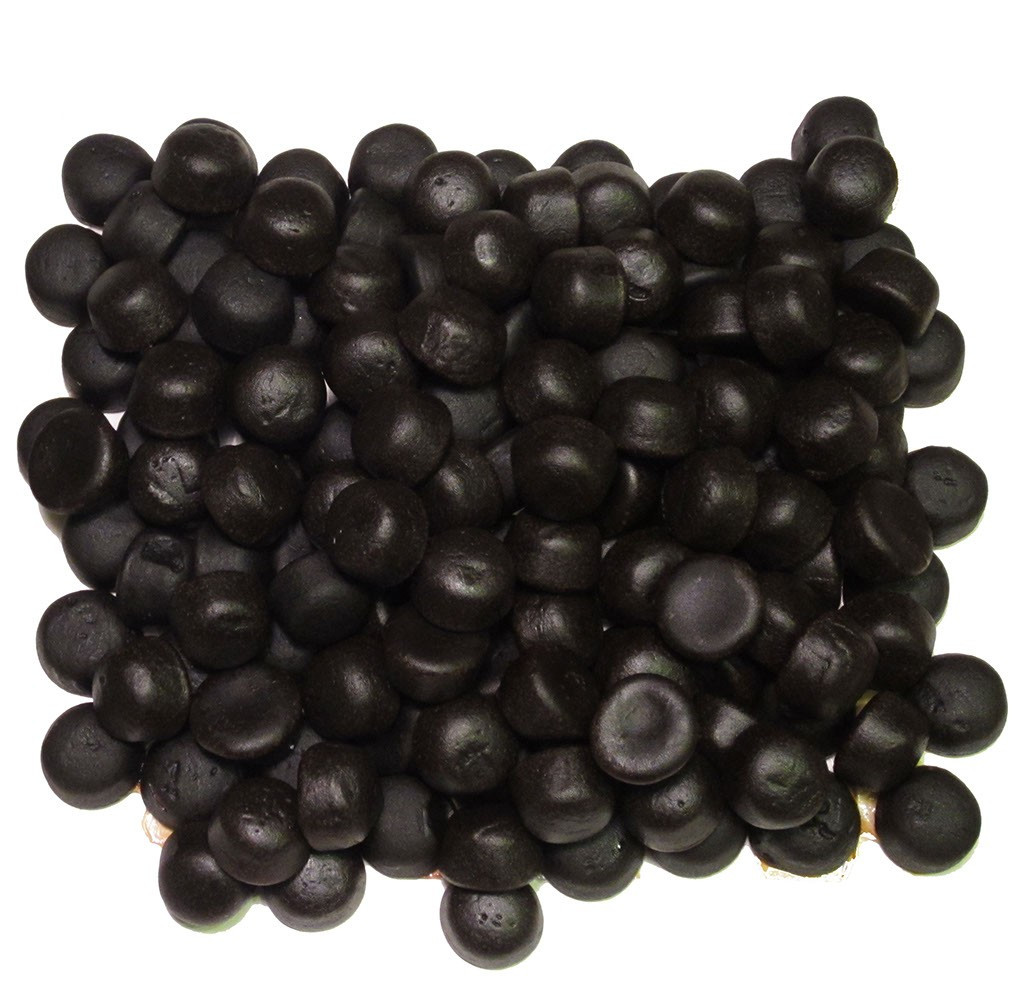 Gustaf's 2.2LB bag of soft, round black Dutch licorice candy drops, approx. 330 pieces.