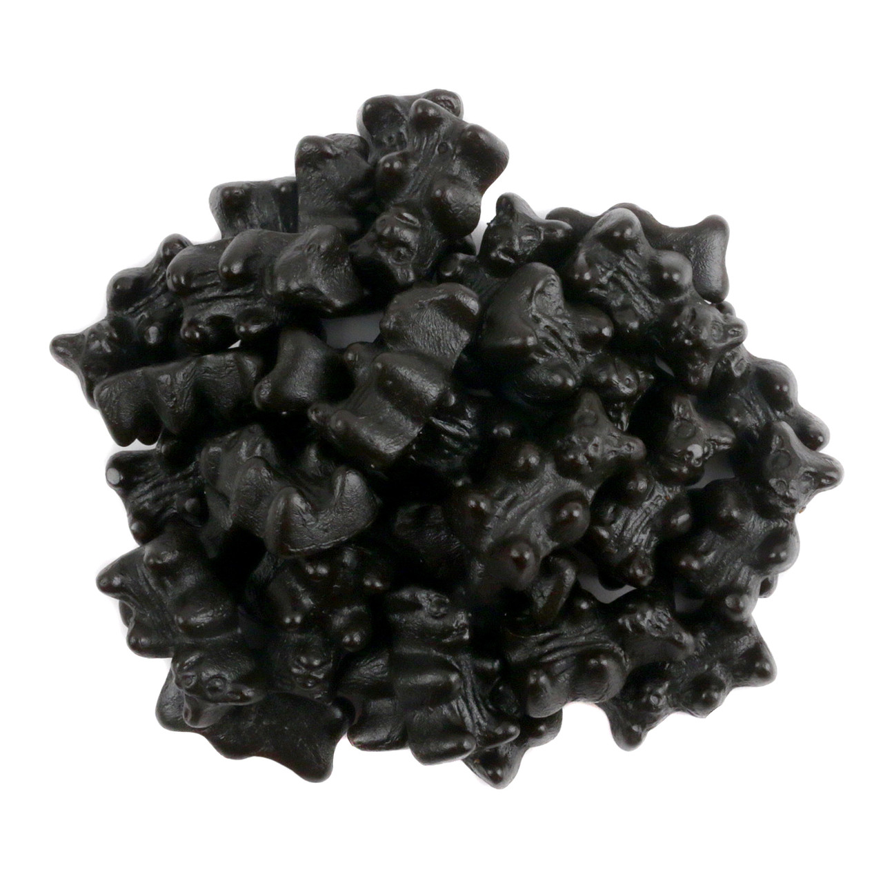 Many black, sugar free licorice gummy bears, non-GMO, classic taste, made in Holland by Gerrit Verburg.