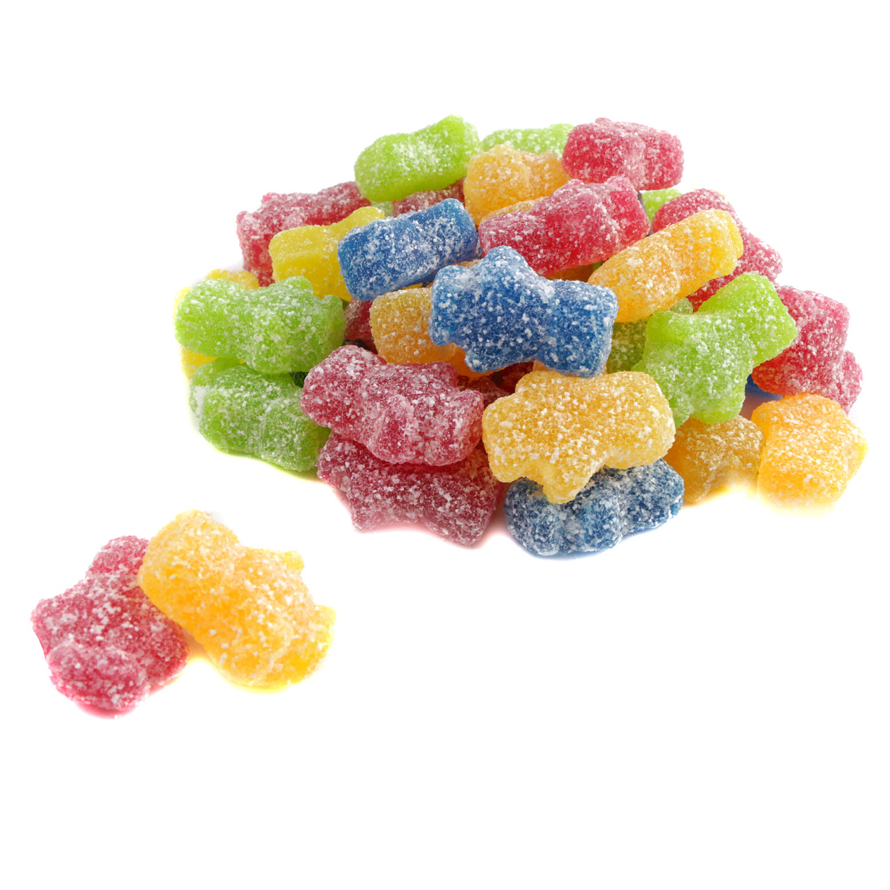 Bulk unwrapped Sour Gummy Blockheads, approx. 155 per lb, rainbow Strawberry, Orange, Lemon, Apple, Blueberry flavors.