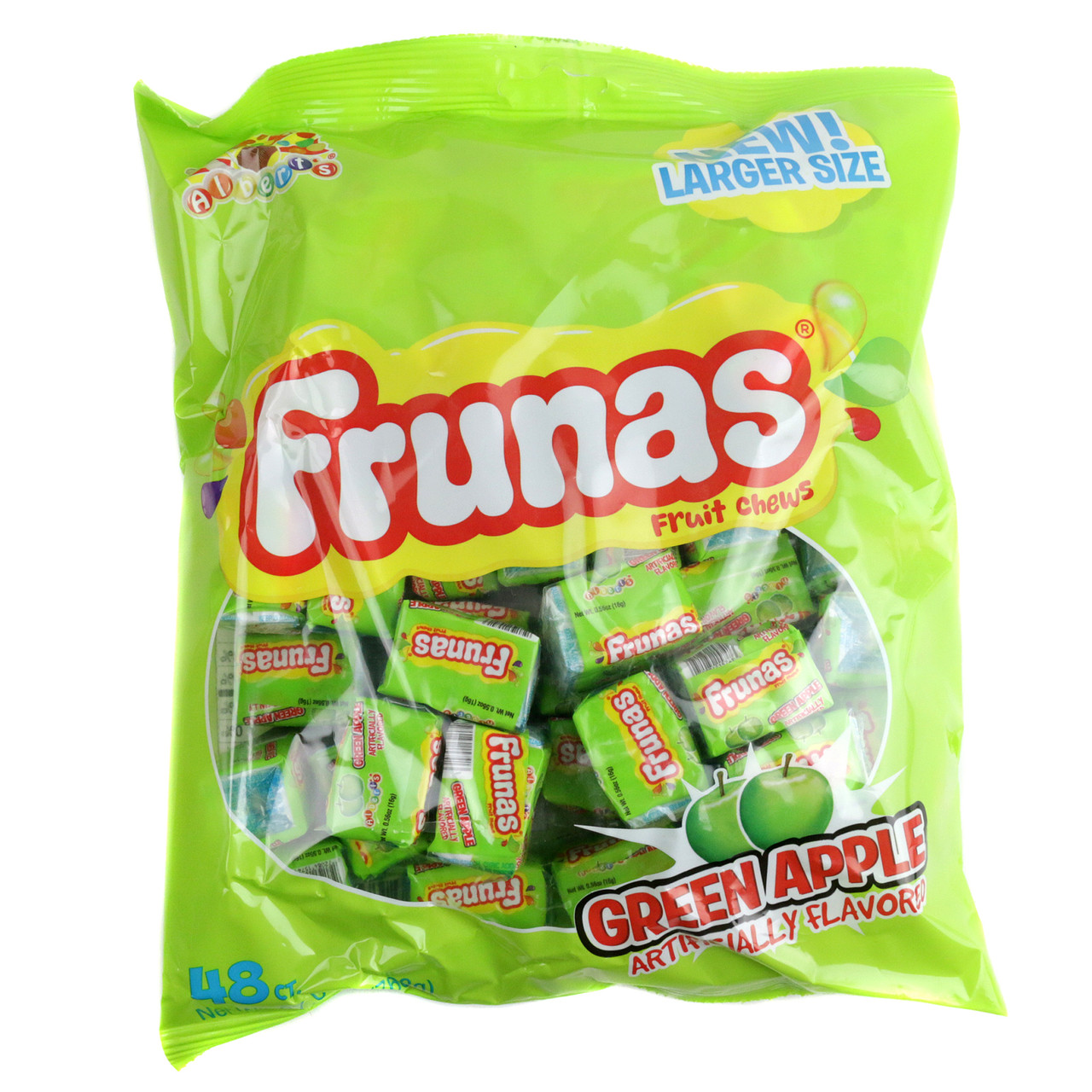 Albert's Frunas Green Apple Chews, 48 individually wrapped, vibrant green, chewy candies.