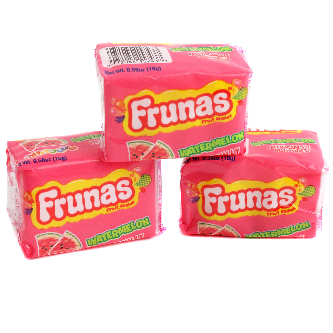 48 bright pink Albert's Frunas Watermelon Chews, individually wrapped chewy candies.