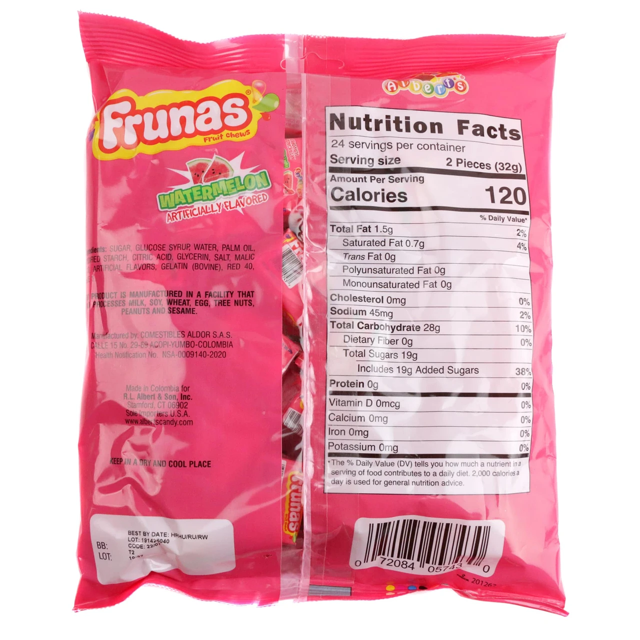 Albert's Frunas Watermelon Chews, 48 individually wrapped bright pink chewy candies.