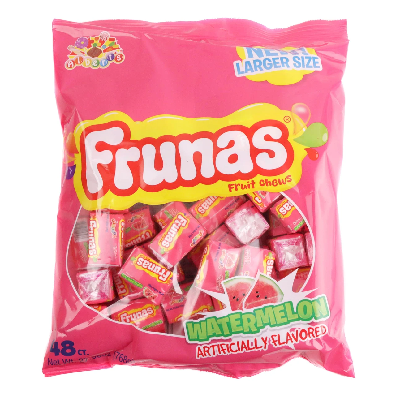 Albert's Frunas Watermelon Chews, 48 bright pink individually wrapped chewy candies.