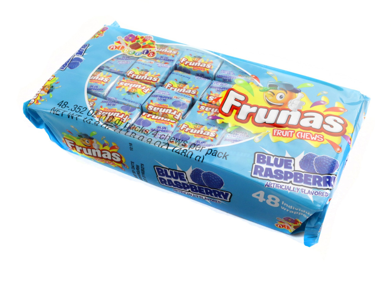 Albert's Frunas bold blue raspberry chewy candy, 48 individually wrapped pieces.