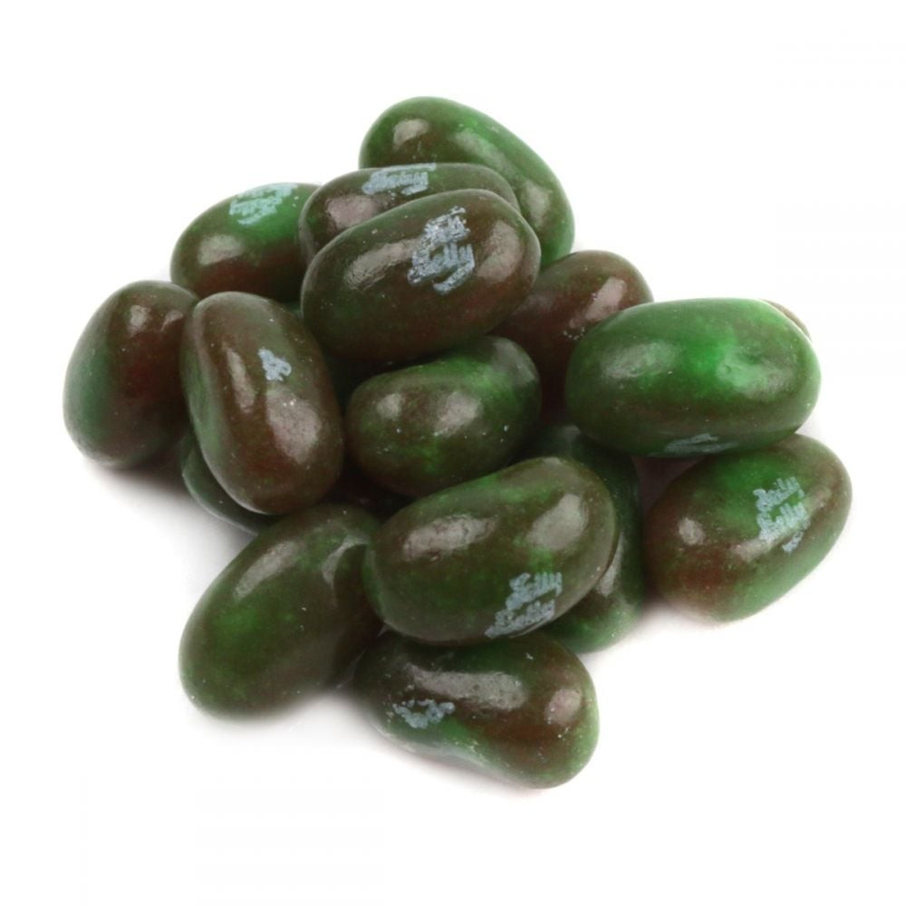 Pile of dark green Jelly Belly Watermelon Jelly Beans, approx 400 per pound. Made with real watermelon juice.