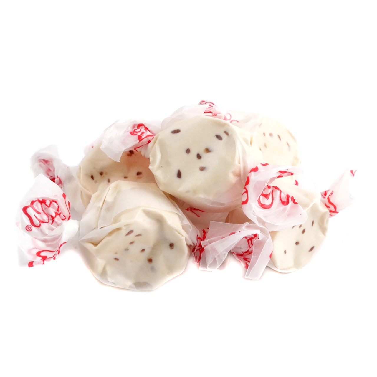 Taffy Town Salt Water Taffy, chocolate chip cookie flavor, light tan pieces with dark brown chips, approx 65 per pound.