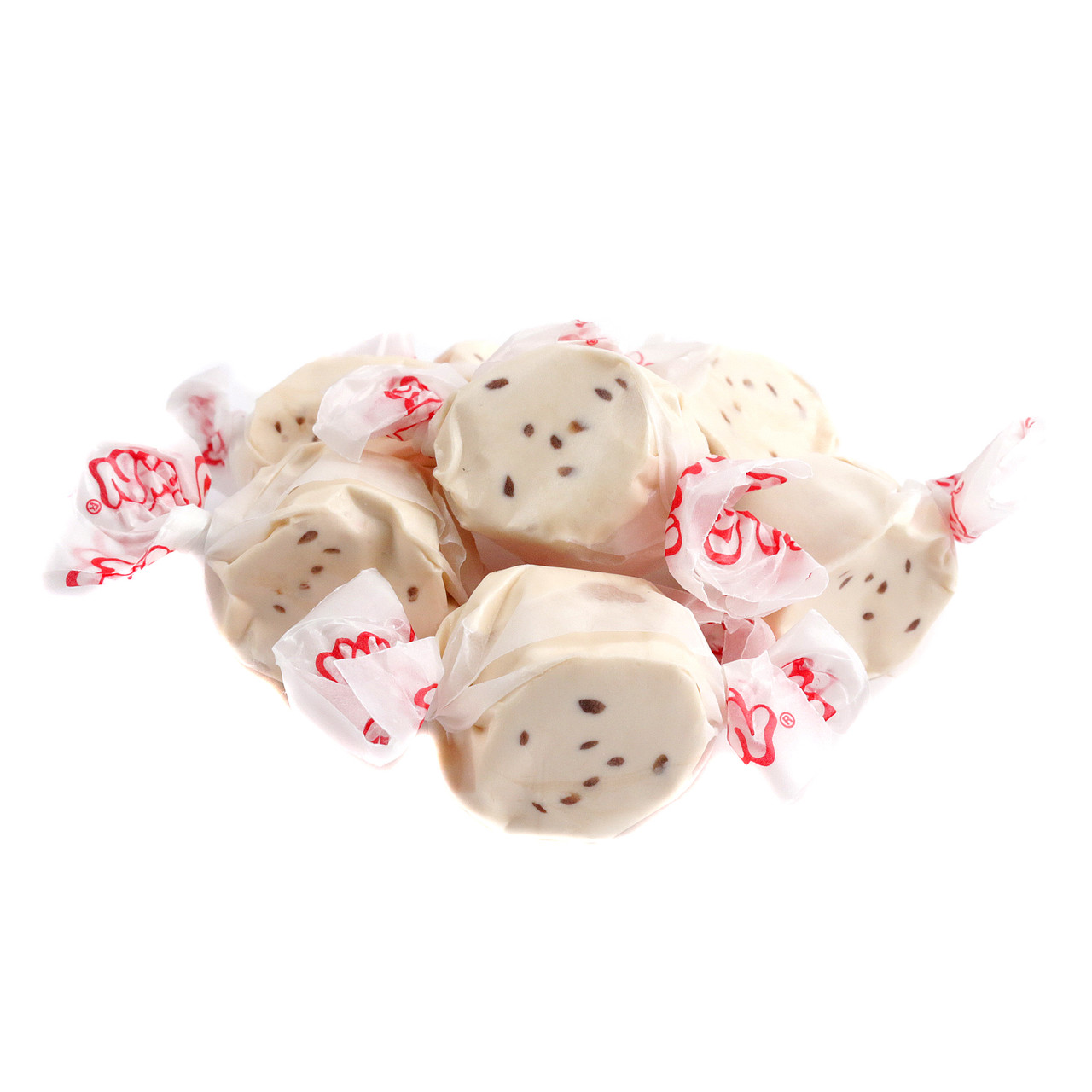 Chewy Taffy Town Salt Water Taffy, Chocolate Chip Cookie flavor, light brown pieces with dark chips, approx 65 per lb.