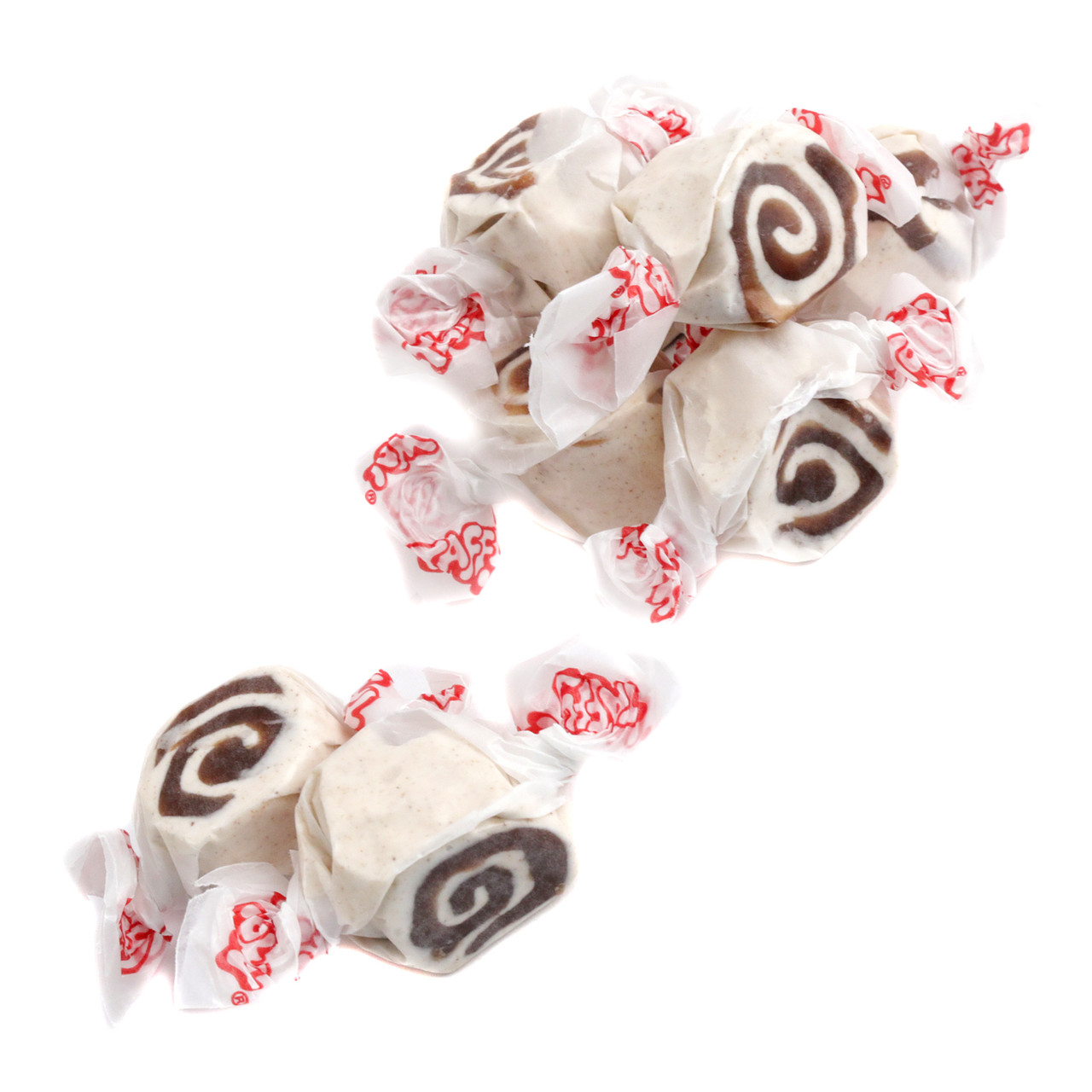Taffy Town Salt Water Taffy Cinnamon Roll, chewy brown and white swirled candy, approx 65 pieces per pound, USA made.