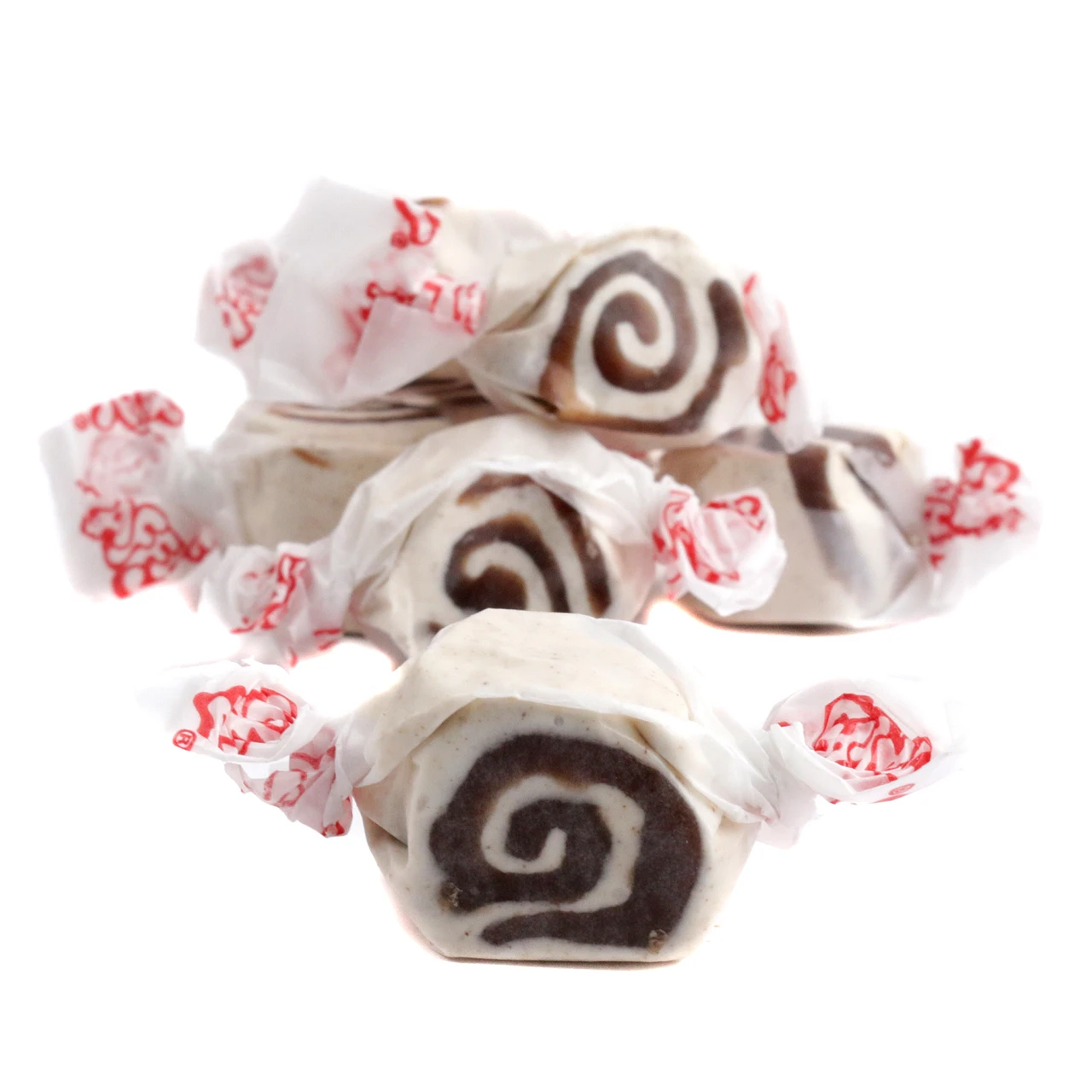 Taffy Town Cinnamon Roll Salt Water Taffy, brown chewy candy with white frosting swirl, approx 65 pieces.