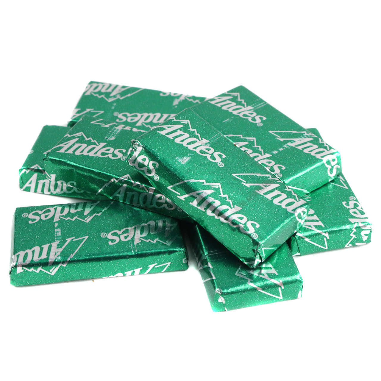Green foil-wrapped Andes Mints, approx 80 per pound, showcasing layered milk chocolate and refreshing mint.