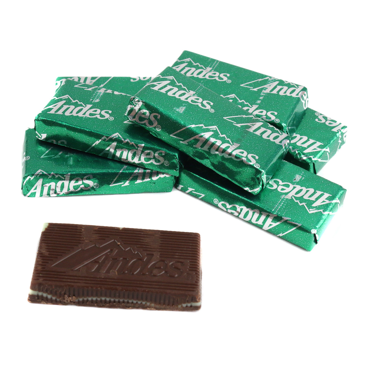 Green, layered Andes Mints, rich milk chocolate and refreshing mint, approximately 80 per pound.