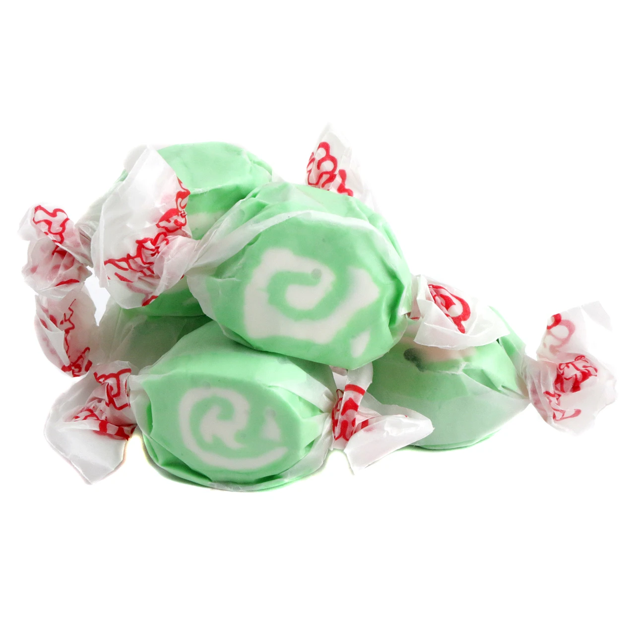 Green & white swirled Salt Water Taffy Key Lime, approx 65 pieces per pound. Taffy Town, Made in USA.