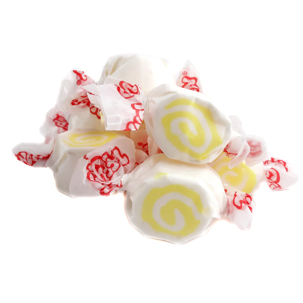 Bright yellow Pina Colada salt water taffy, approximately 65 chewy wrapped pieces per pound. Pineapple coconut flavor.