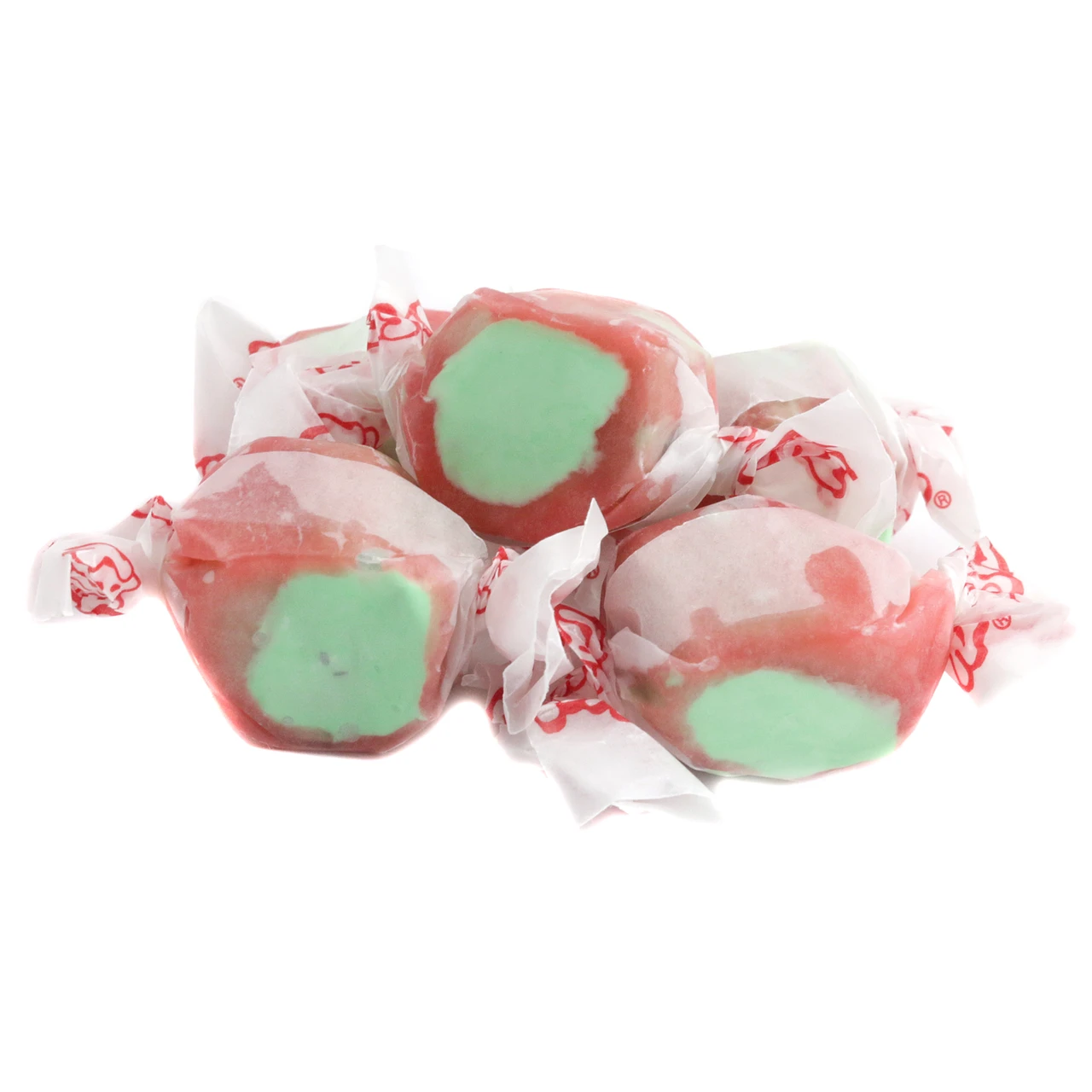 Bright red, green-centered Candy Apple Salt Water Taffy, Taffy Town, approx 65 pieces per pound.