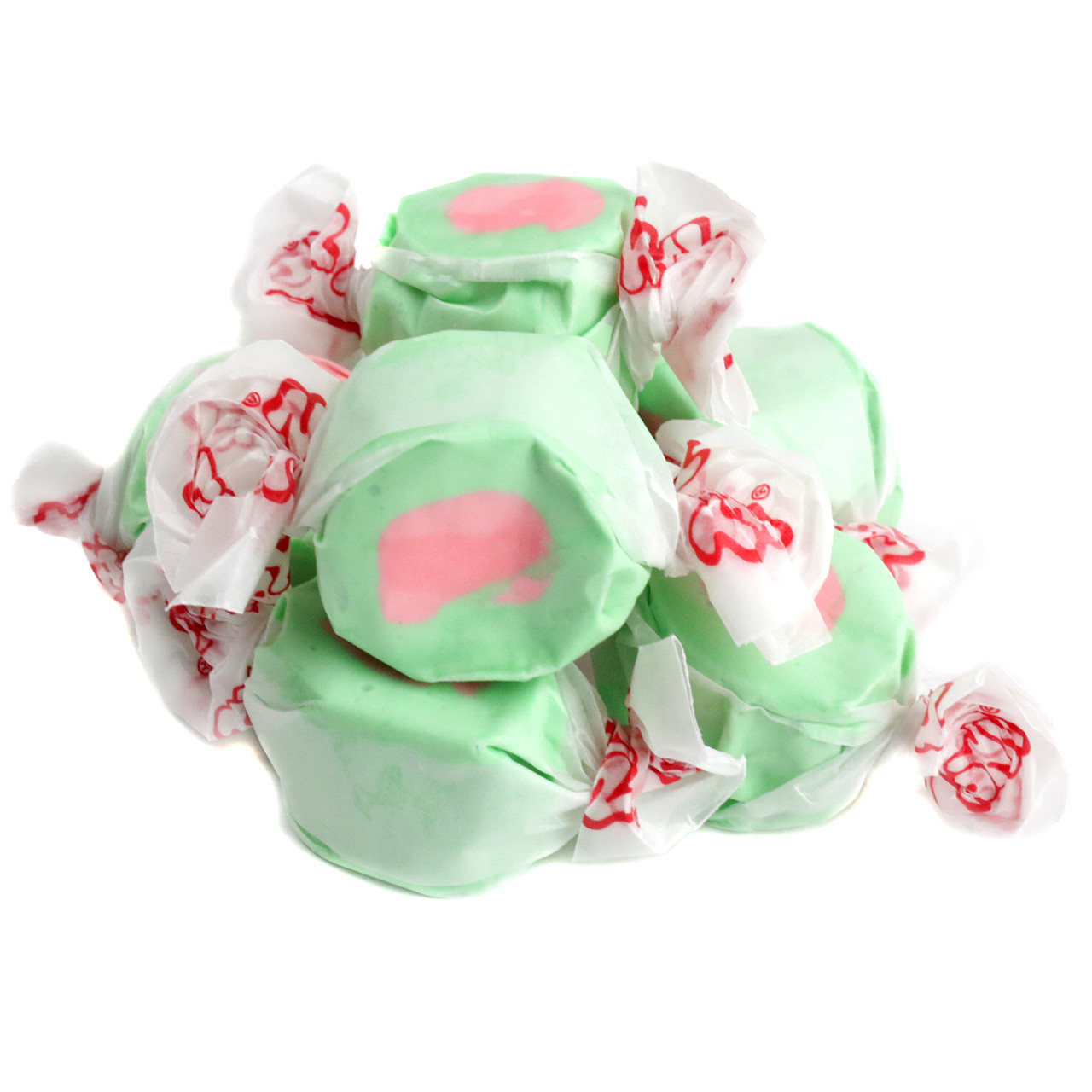 Salt Water Taffy Watermelon, Taffy Town, approximately 65 pieces per pound, green outside, pink inside.