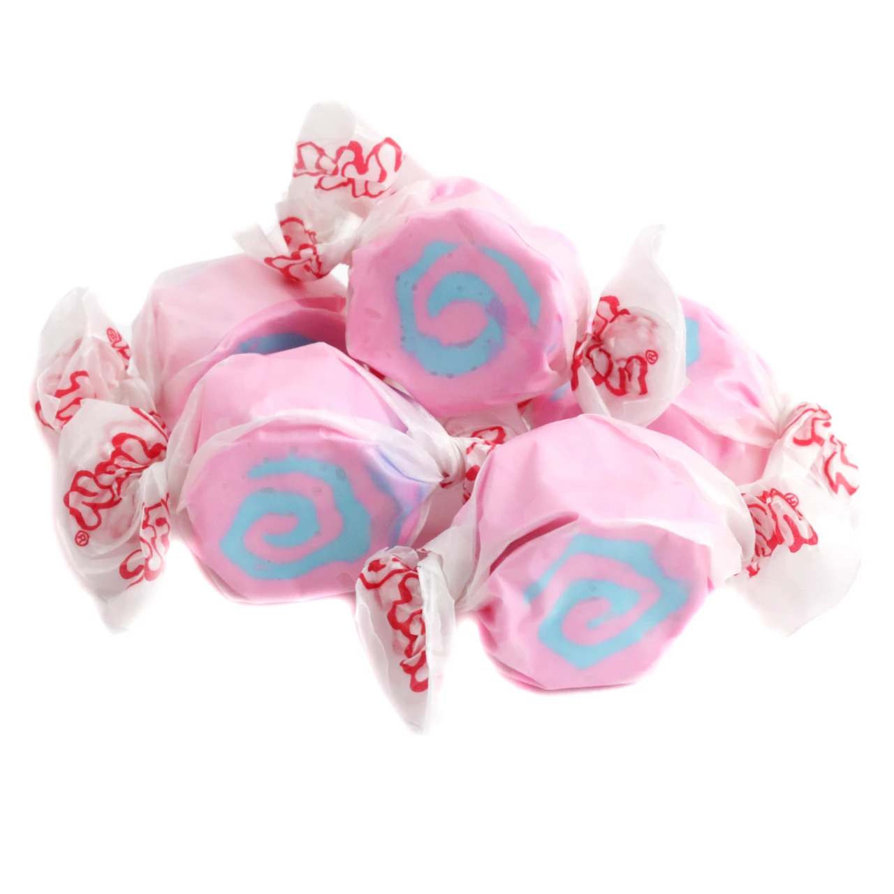 Pink and blue swirled Salt Water Taffy Cotton Candy from Taffy Town, approximately 65 pieces per pound.