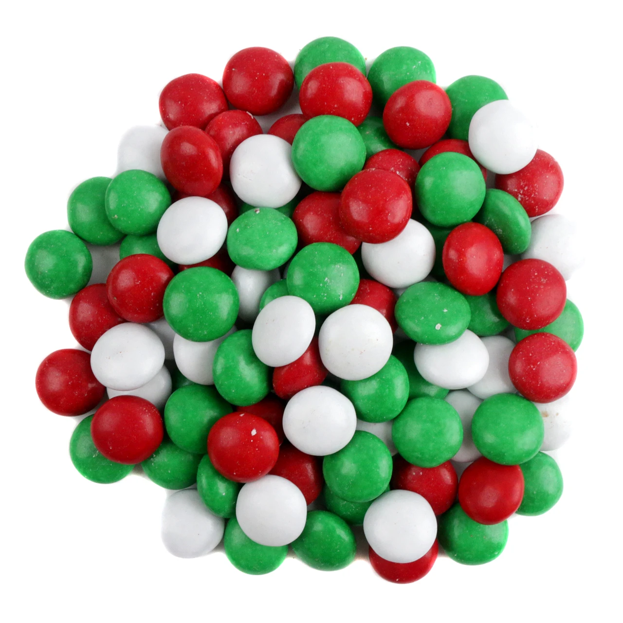 Pile of red, white, green Christmas Milk Chocolate Gems, crunchy candy shells. Approx 400 per pound.