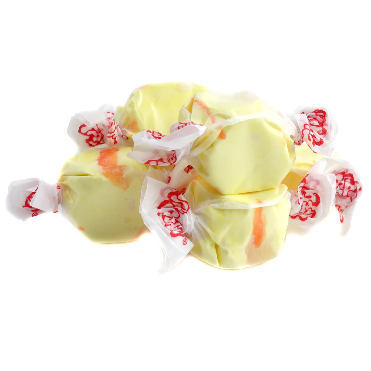 Bright yellow Salt Water Taffy Banana candy by Taffy Town. Approx 65 individually wrapped sweet banana pieces per pound.