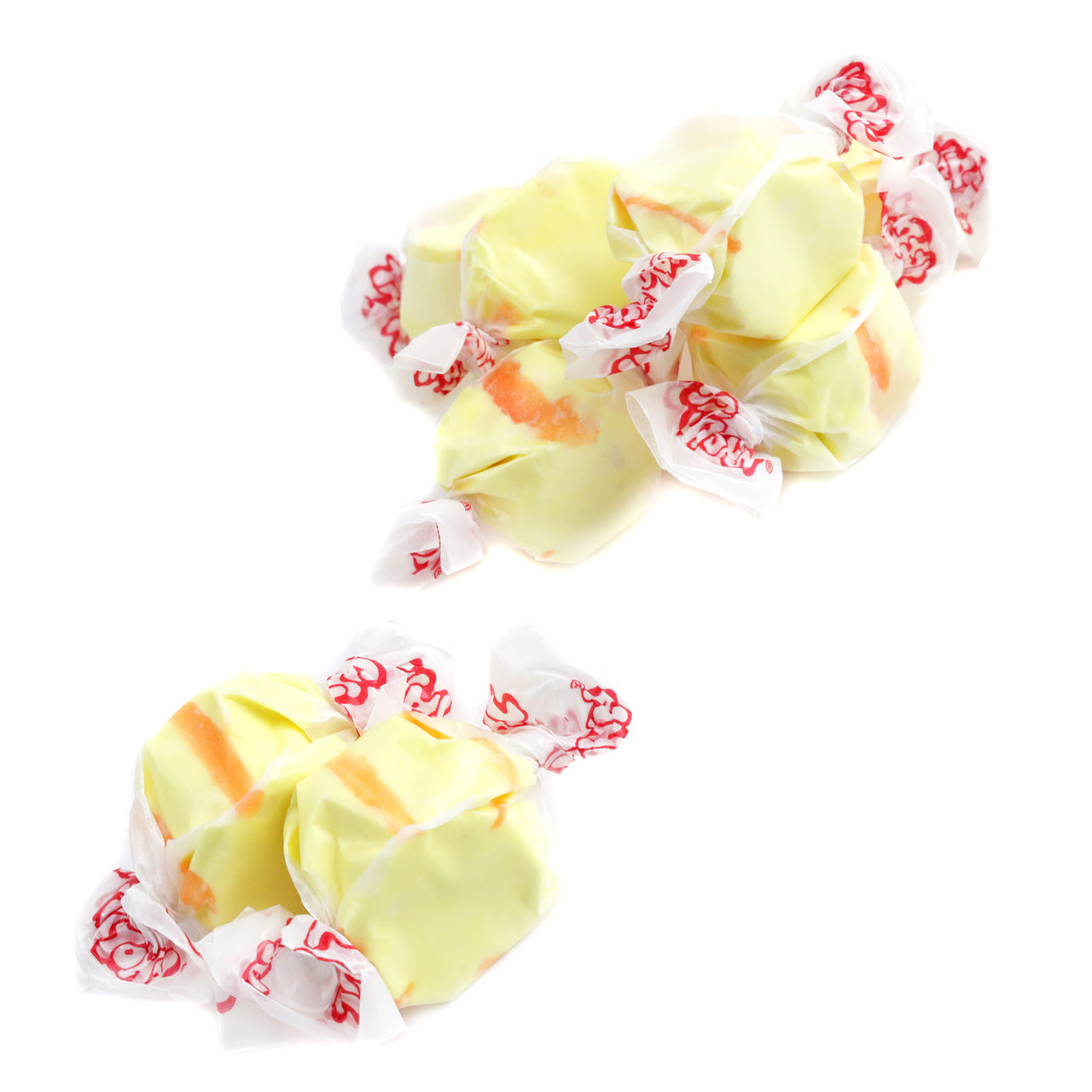 Bright yellow Taffy Town Salt Water Taffy banana candy, 65 individually wrapped chewy pieces per pound.
