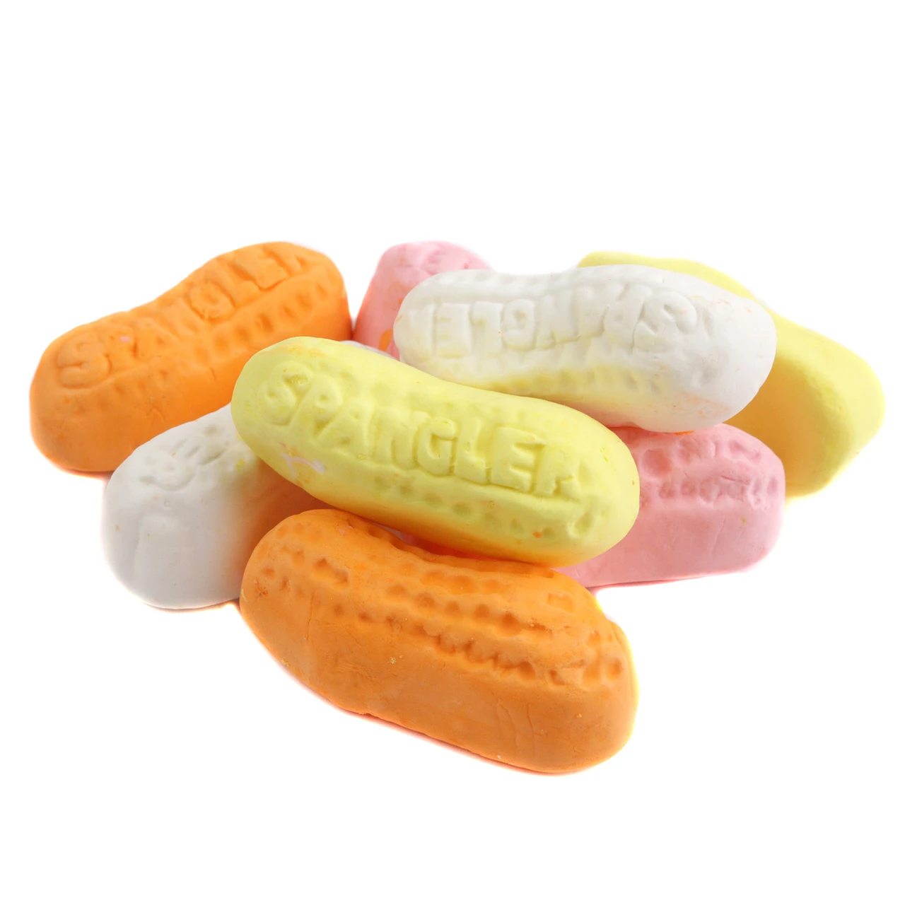 Assorted old-fashioned marshmallow Circus Peanuts, 60 pieces. Orange, yellow, white, pink soft chewy candy.