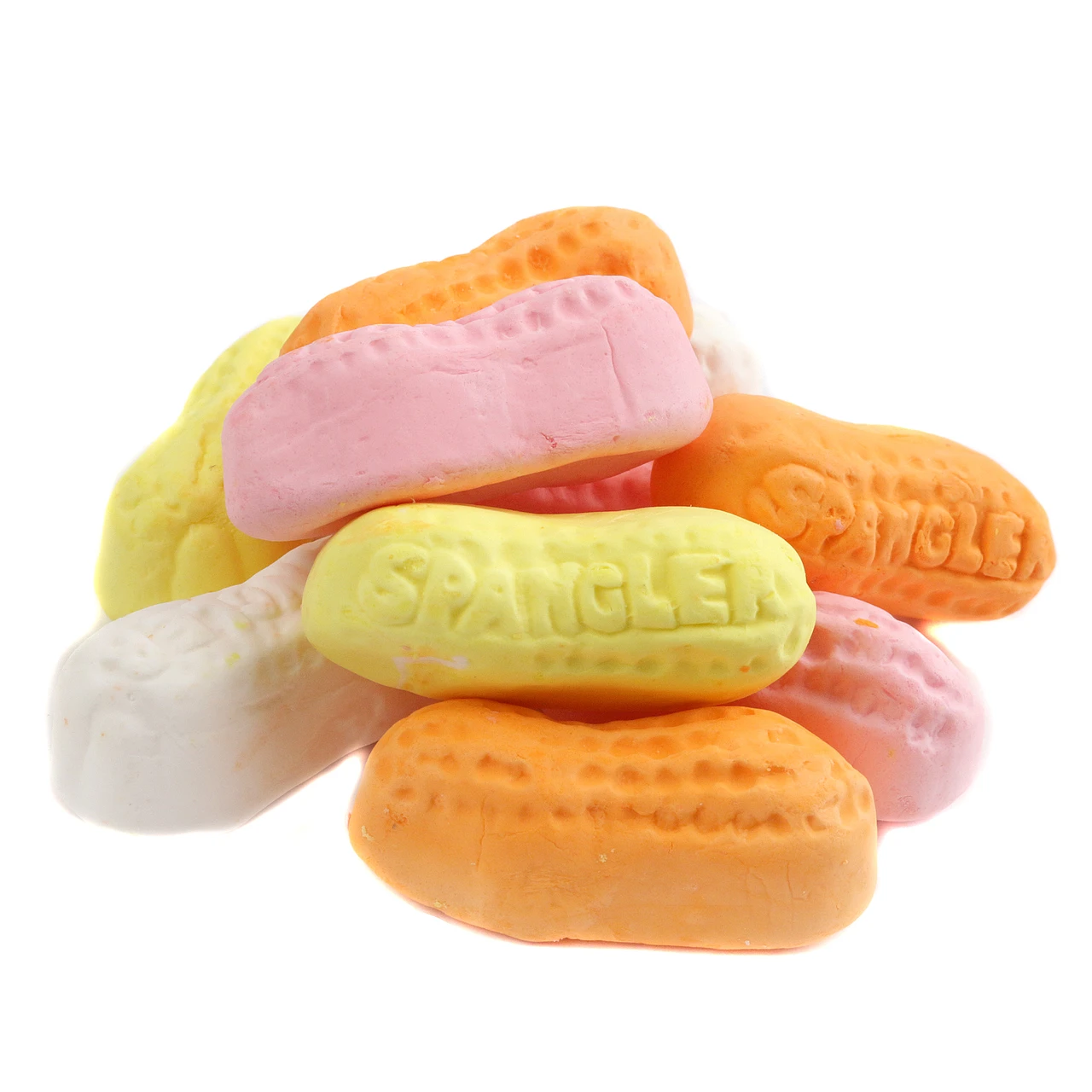 Assorted marshmallow circus peanuts in orange, yellow, white, pink colors, approx 60 pieces per pound.