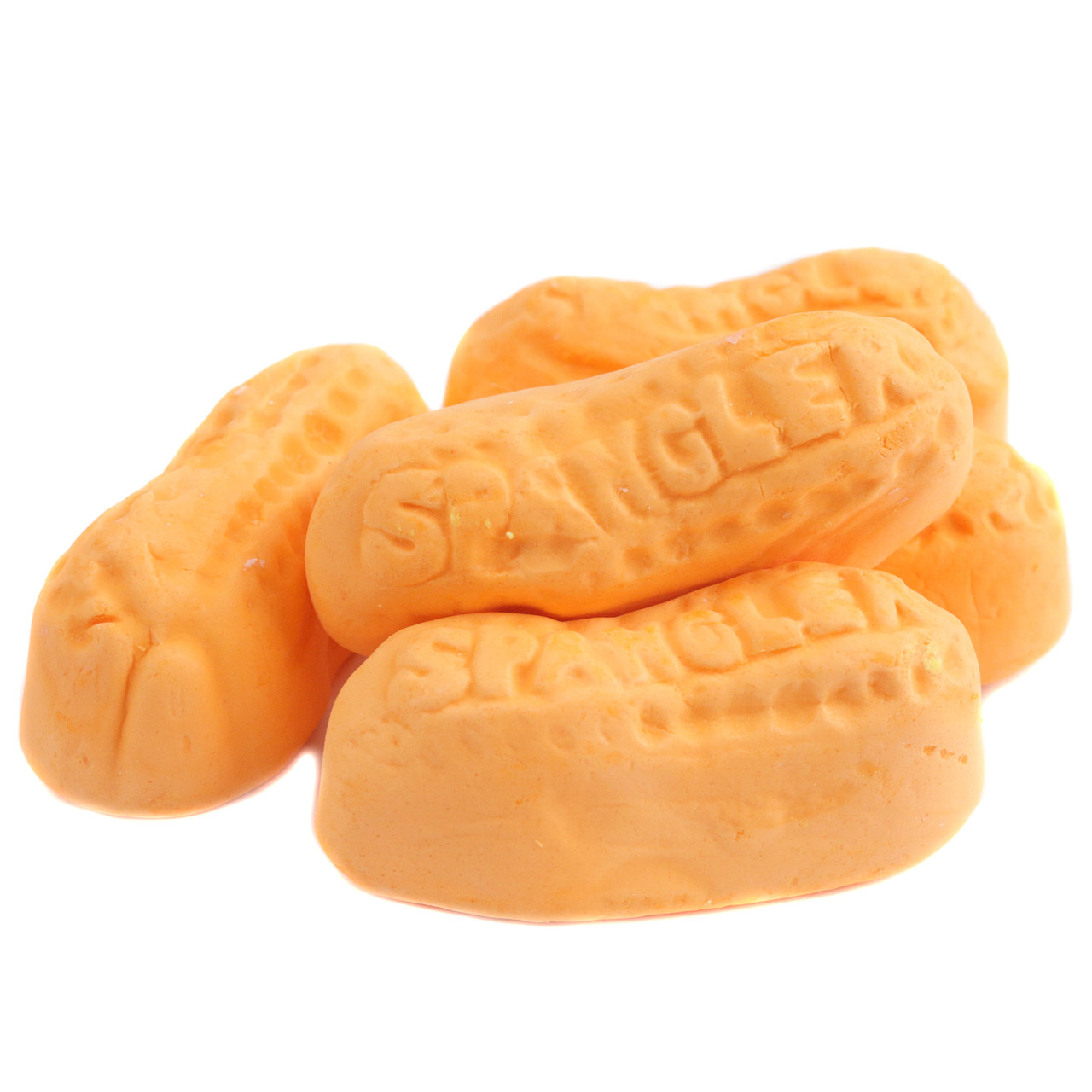 Orange Circus Peanuts, peanut-shaped banana marshmallow candy, approx 60 pieces per pound.