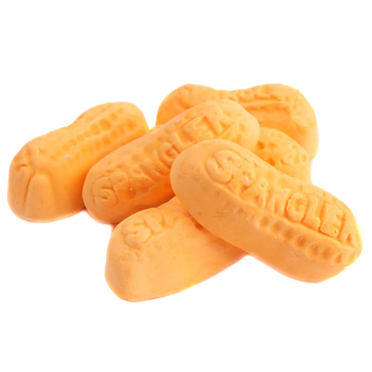 Circus Peanuts, peanut-shaped orange, yellow, white, pink banana, lemon, vanilla, cherry marshmallow candies, 60 per pound.