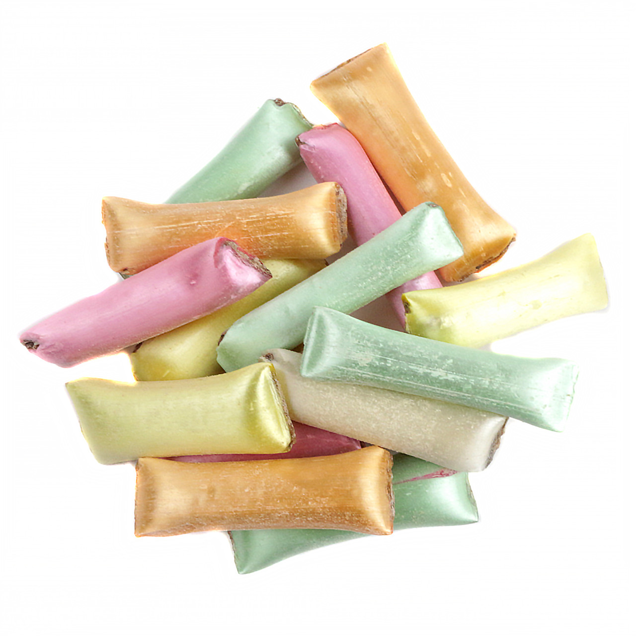 Old fashioned pastel chocolate straws, assorted colors, 2 inch crispy Christmas candy, smooth chocolate filling.