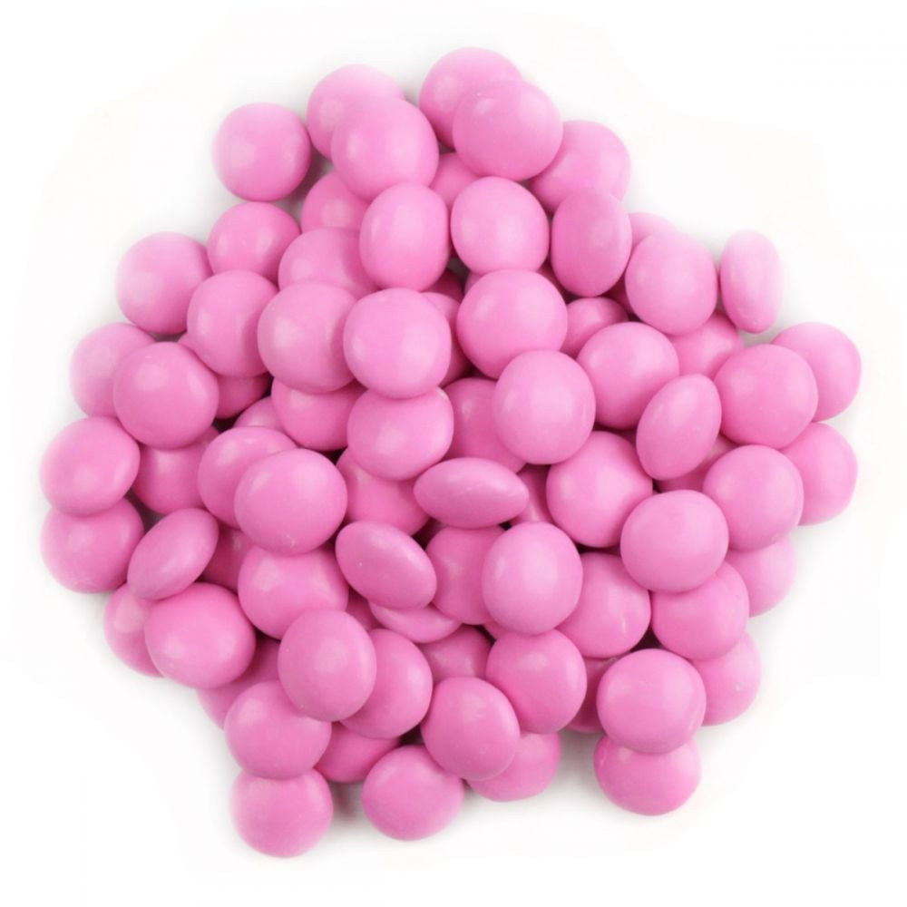 Pink chocolate gems, crunchy pink candy shells, rich milk chocolate centers. Approx 400 gems per pound.